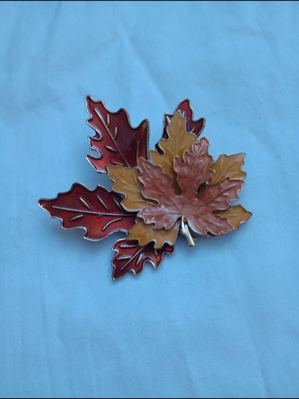 Vintage Tri-layered Enamel Autumn Maple Leaf Brooch Rustic Fall Retro Orange